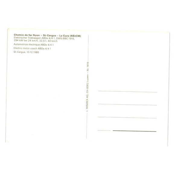 Nyon-St Cergue-La Cure NSCM Train St-Cergue 1985 Postcard Passenger Car Vintage - Picture 2 of 2